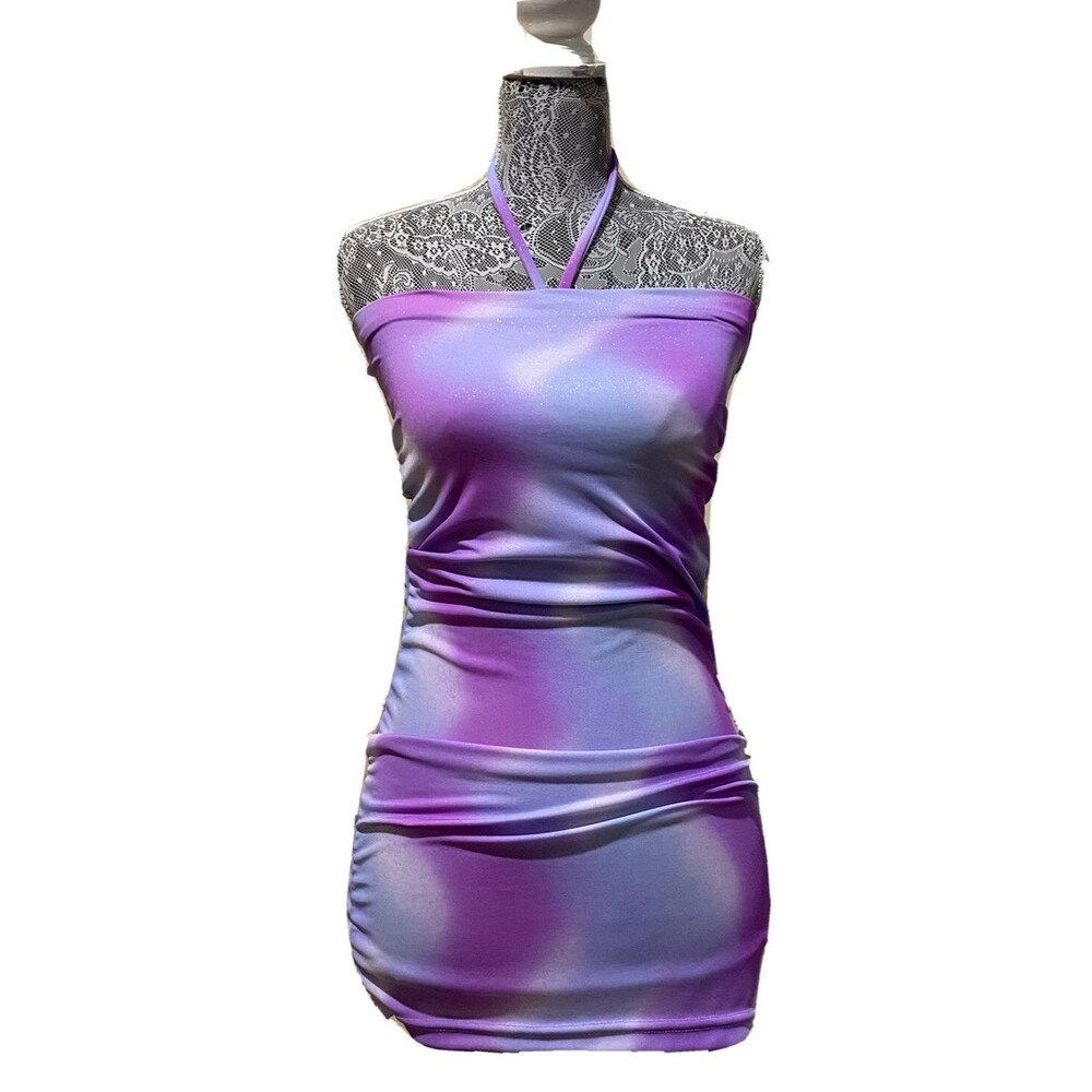 Les Tout Petits Bodycon Mini Dress 14 Purple Pink Ruched Halter Stretch Juniors